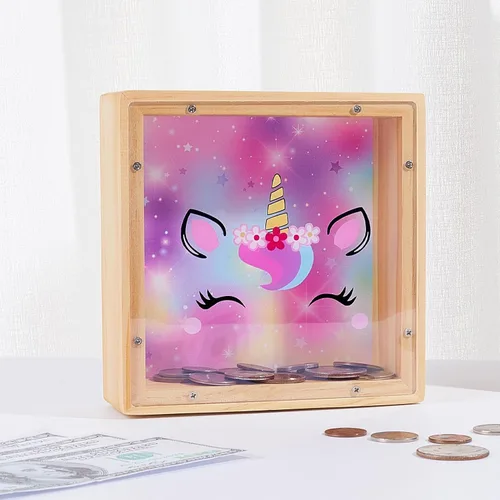 Miniatura 7 de Alcancía para niños, banco de monedas de madera para niños y niñas, dinosaurio unicornio alcancía con calcomanías de bricolaje para cumpleaños