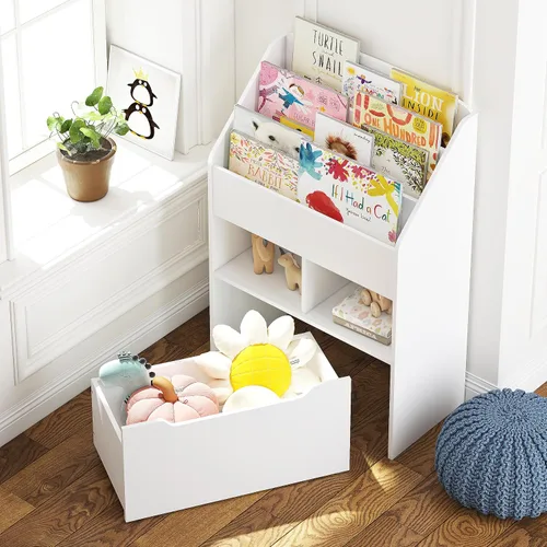 Miniatura 6 de UTEX Estantería para niños con caja de juguetes móvil, estante para libros y almacenamiento de juguetes, estante de exhibición de libros para niños