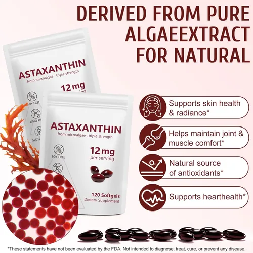 Miniatura 4 de Paquete de 2 suplementos antioxidantes de astaxantina de 12 mg, premium con actividad antioxidante, apoya los ojos, el sistema inmunológico