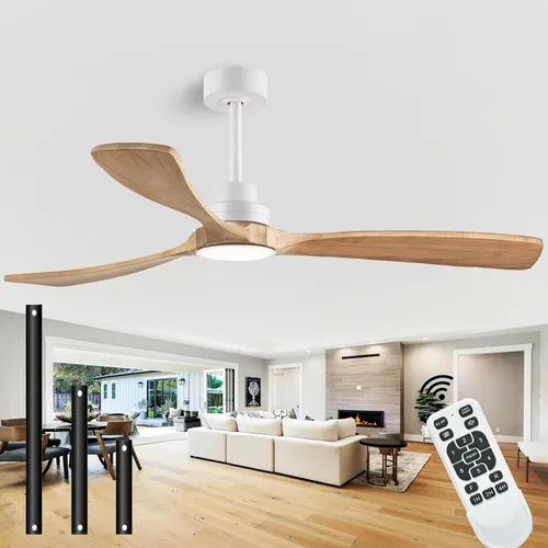 Miniatura 15 de Ventilador de techo de 52 pulgadas sin luz, con control remoto, motor CC reversible, con 3 aspas de madera maciza, para patio, sala de estar, Nogal