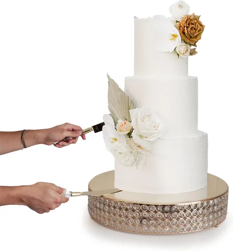 Miniatura 2 de Soporte redondo de cristal con cuentas de 18 pulgadas con cuchillo para pastel y juego de servidor (dorado)