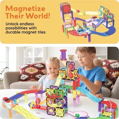 Miniatura 7 de PicassoTiles Juego de 121 azulejos magnéticos de pista de carreras de mármol 3 en 1, juego de construcción de carreras de automóviles, aprendizaje