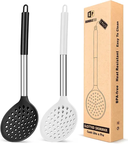 Miniatura 11 de Juego de 2 cucharones de cocina con ranuras grandes y resistentes al calor, sin BPA, antiadherentes, para escurrir y freír (negro y rojo)