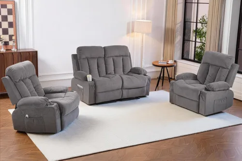 Miniatura 24 de Juego de sofá reclinable manual, 3 piezas con bolsillos laterales, portavasos para cine en casa, oficina (azul, sofá biplaza+silla)
