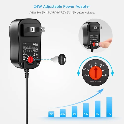 Miniatura 4 de Belker Fuente de alimentación universal de 24 W, 3 V, 4.5 V, 5 V, 6 V, 7.5 V, 9 V, 12 V CA, adaptador de corriente alterna, con 8 puntas