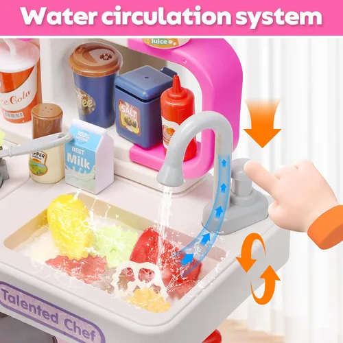 Miniatura 2 de CUTE STONE Juego de cocina para niños, juego de cocina con sonido y luz, estufa de cocina con vapor, fregadero de juguete, juguete de comida y Rosa