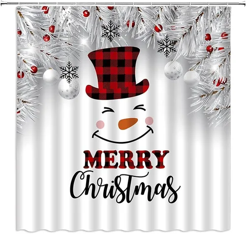 Miniatura 6 de Cortina de ducha con diseño de muñeco de nieve, diseño de búfalo rojo, negro, a cuadros, lindo muñeco de nieve rojo, rojo, pájaro de Navidad, ramita