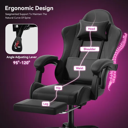 Miniatura 8 de Silla para videojuegos, sillas ergonómicas de computadora con brazos, soporte lumbar, reposapiés, reposacabezas giratoria de 360°, respaldo y altura