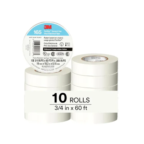 3M Temflex Cinta Eléctrica de Vinilo Multiusos 165, Blanca, 3/4 pulg x 60 pies (19 mm x 18 m), Paquete de 10 Rollos Blanco