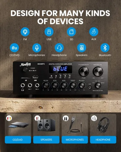 Miniatura 2 de Moukey - Receptores estéreo con Bluetooth 5.0, sistema de amplificador de audio de potencia estéreo de 2.0 canales con USB, SD, AUX, RCA, entrada