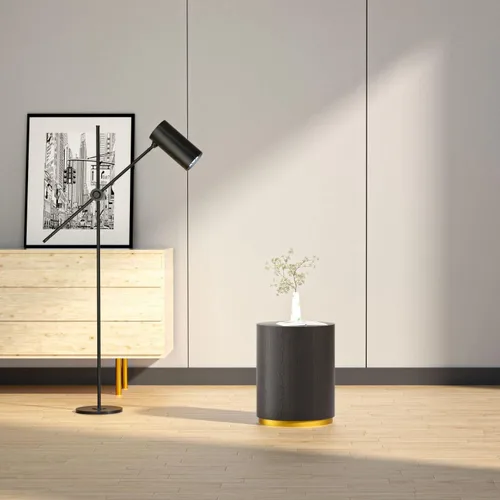 Miniatura 7 de KEVINSPACE Mesa auxiliar negra con borde dorado en la parte inferior, mesa de centro redonda para espacios pequeños, mesa auxiliar de madera mesita