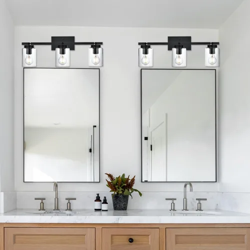 Miniatura 2 de 3 apliques de pared negros de luz para tocador de baño con pantalla de vidrio transparente, lámpara clásica con cabezal de luz giratoria, lámpara