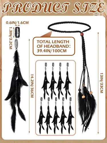 Miniatura 3 de Bencailor 10 pinzas para el pelo de plumas y diadema hippie extensiones de pelo para Halloween, disfraz de pirata indio para mujeres y niñas