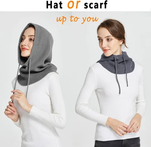 Miniatura 4 de Facecozy Sombreros de invierno para mujer, gorro cálido con capucha para mujer, pasamontañas, gorro de punto con cordón