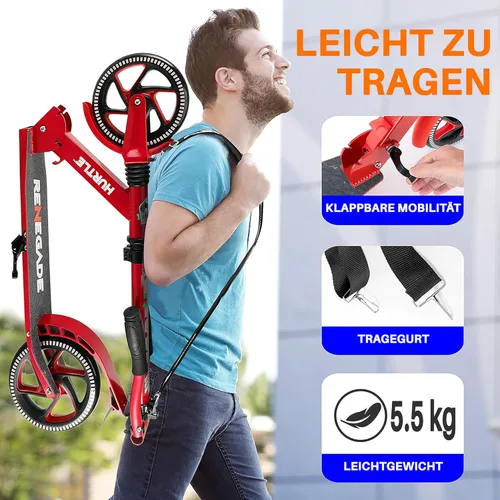 Miniatura 2 de Hurtle Renegade Kick Scooter for Kids, Teenagers & Adults - 2-Wheel Folding Scooter with Adjustable T-Bar Handlebar - Alloy Anti-Slip Deck Rojo