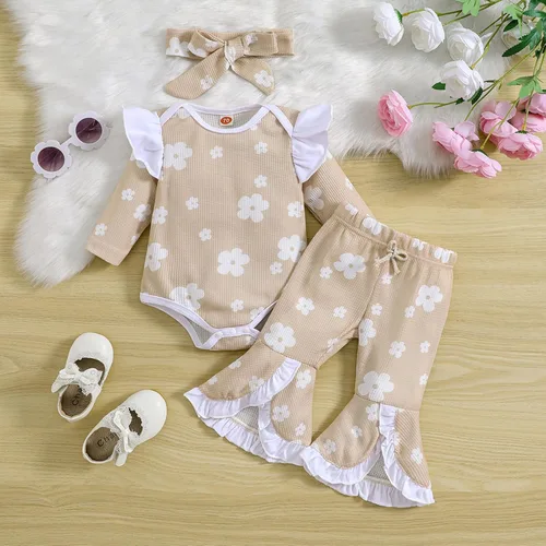 Miniatura 2 de Infant Baby Girl Fall Jumpsuit Outfits Flower Print Long Sleeve Romper + Flare Pants + Bow Headband Toddler Clothes