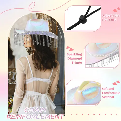 Miniatura 3 de Toulite Sombrero de vaquero con purpurina de diamantes de imitación occidentales para mujer, sombrero de vaquera con lentejuelas brillantes
