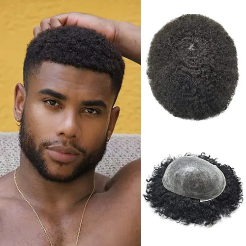 Miniatura 6 de Afro Toupee para hombres Unidades de cabello humano real para hombres negros inyectado PU Toupee afroamericano para hombre postizo rizado sistema