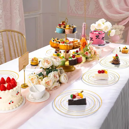 Miniatura 3 de DaYammi 240 platos de postre que incluyen 120 platos dorados para pastel de 6.3 pulgadas con 120 tenedores de plástico dorado de 5.7 pulgadas