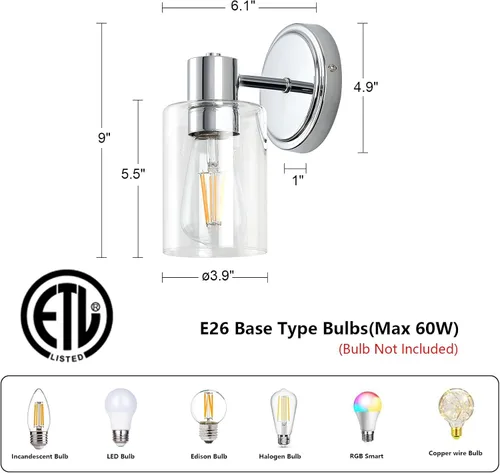 Miniatura 2 de Apliques de Pared de Baño de 2 Luces con Cristal Transparente, Luces de Pared de Baño Sobre Espejo, Luces de Tocador Cromadas con Base E26