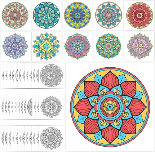 Hiwhy 48 tarjetas para colorear de mandala de 10 x 10 pulgadas, cartulina para colorear para aliviar el estrés, relajación, patrón de mandala,