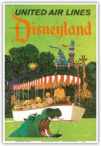 Miniatura 10 de California - Jungle Cruise Hippo - United Air Lines - Póster vintage de viaje de aerolínea por Stan Galli c.1960s - Impresión artística maestra