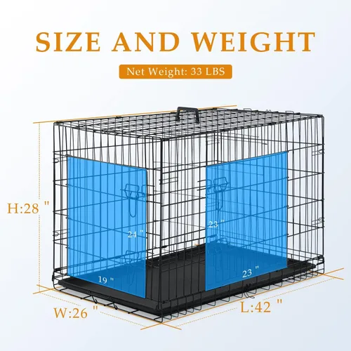 Miniatura 7 de Dopinmin Jaula grande para perros de 42 pulgadas, jaula de doble puerta para mascotas, jaula plegable de alambre de metal con panel divisor, bandeja