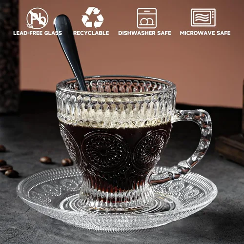 Miniatura 7 de Juego de 6 tazas de té y platillos de vidrio, tazas de café vintage con cuchara de acero inoxidable, aptas para lavavajillas y microondas, para jugo