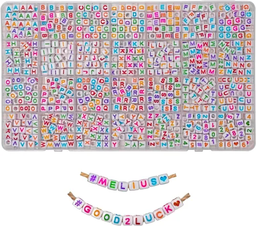 MELIUS Cuentas de letras cuadradas acrílicas, 1120 piezas de 0.236 x 0.236 pulgadas en orden alfabético A-Z, cuentas de letras coloridas con números