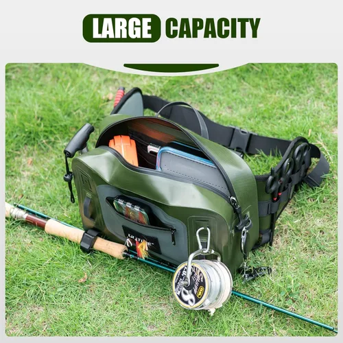 Miniatura 6 de Goture Riñonera de pesca impermeable, IPX8 840D TPU bolsa grande para aparejos con soporte para caña, cierre hermético de cremallera, bolsa de pesca