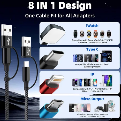 Miniatura 2 de Cruise Essentials Cable de Carga 4 en 2 para Cargador Apple iWatch/iPhone 17/Lightning/Micro, Cable Cord de Carga Múltiple de Viaje Compatible