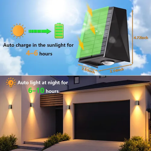 Miniatura 4 de Paquete de 6 luces solares de pared para exteriores, impermeables, arriba y abajo, 2 apliques de valla LED para casa, patio, porche, patio, jardín