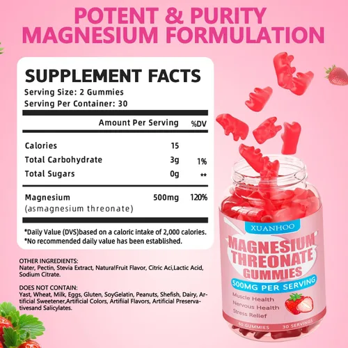 Miniatura 2 de Gomitas de treonato de magnesio, suplemento de magnesio, sabor a fresa, 60gomitas, 250 mg de magnesio por gomita, salud muscular y nerviosa, alivio