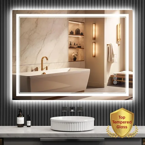 Miniatura 18 de Espejo de baño LED sin marco de 24 x 32 pulgadas, frontal y retroiluminado, vidrio templado inastillable, antivaho, 3 colores, regulable, memoria