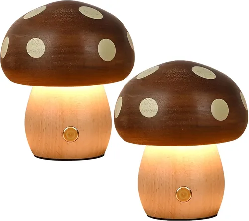 Lámpara de mesa de madera con forma de hongo pequeño, LED, recargable, inalámbrica, táctil, luz nocturna de atenuación continua, lámpara de batería