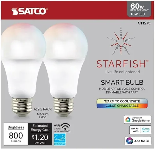 Miniatura 3 de Satco S11275 Starfish A19 Bombilla LED inteligente LED que cambia de color, funciona con Siri, Alexa, Google Assistant, SmartThings, 2700K-5000K
