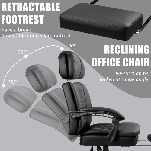 Miniatura 6 de LEMBERI Silla de oficina ejecutiva de 400 libras con reposapiés, silla de escritorio ergonómica resistente grande y alta con reposacabezas Negro