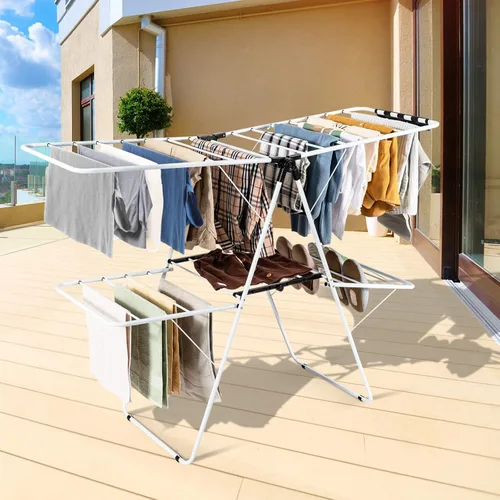 Miniatura 2 de COSTWAY Estante de secado de ropa, estante plegable de 2 niveles con alas ajustables en altura, 33 rieles de secado y clips para calcetines, estante