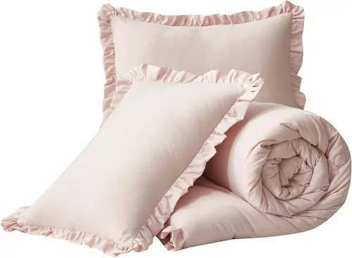 Miniatura 9 de Chezmoi Collection Nora Blush - Juego de edredón tamaño individual, 2 piezas, ligero, suave, lavado a la piedra, con volantes, ropa de cama Shabby