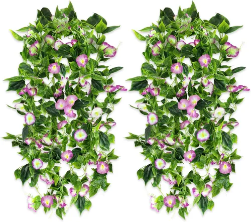 Miniatura 11 de AirSun Vid de flores artificiales de gloria matutina, 2 plantas colgantes de 15 pies, guirnalda de seda falsa de plantas verdes falsas
