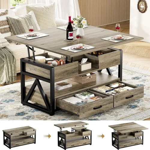 Miniatura 10 de Memobarco Mesa de Centro con Tapa Elevable de 40", Mesas de Centro Elevables Multifunción 4 en 1 con Cajones de Almacenamiento y Compartimento