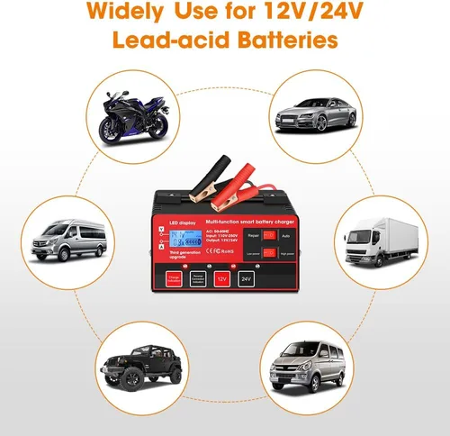 Miniatura 7 de Outerman - Cargador de batería de automóvil, 12 V, 24 V, de plomo-ácido, pantalla LCD, mantenimiento automático de batería inteligente