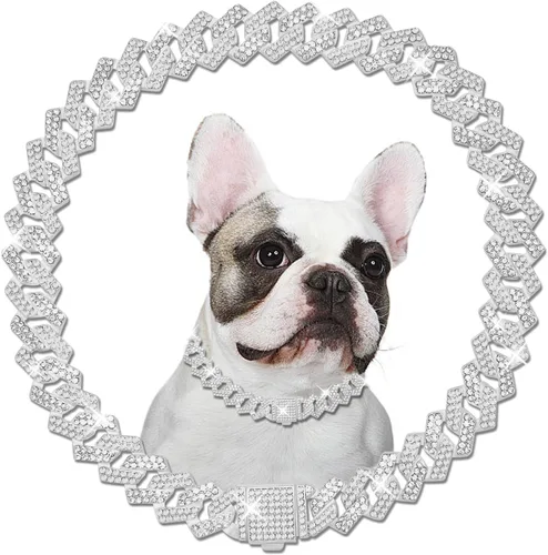 Miniatura 12 de Cadena de metal con diamantes para perros con hebilla segura, collares para mascotas para perros grandes y medianos Azul Blanco