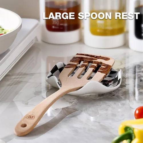 Miniatura 2 de Qipecedm Soporte de cuchara de cerámica, patrón blanco y negro de 5.3 pulgadas, resistente al calor, soporte para cuchara de cocina para encimera