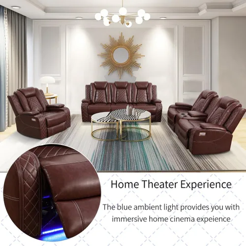 Miniatura 6 de Juego de sillón reclinable eléctrico con luces LED, juego reclinable de cuero sintético con puerto USB/cargador inalámbrico/consola de Borgoña