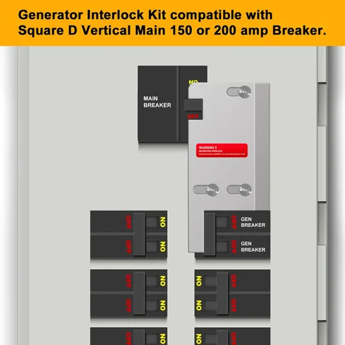 Miniatura 2 de Kit de bloqueo de generador compatible con interruptor principal vertical cuadrado D de 150 o 200 amperios, espaciado de 3 1/4 a 4 pulgadas entre