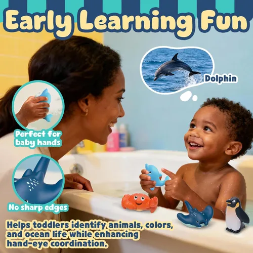 Miniatura 7 de 6 juguetes de baño oceánico para niños pequeños de 6 meses, sin hoyos, juguetes de bañera sin moho, ballena, tiburón, delfín, pingüino, juego