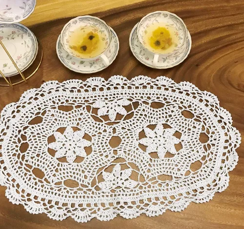 Miniatura 10 de Pasillos de ganchillo hechos a mano beige de algodón, tapetes de encaje ovalados para dormitorios, 12 x 20 pulgadas.