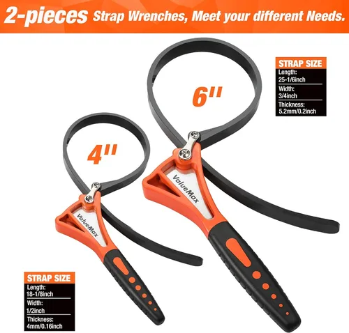 Miniatura 3 de ValueMax Juego de llaves de correa de 2 piezas, llave de filtro de aceite ajustable con diámetro máximo de 4 pulgadas (pequeño) y 6 pulgadas Naranja