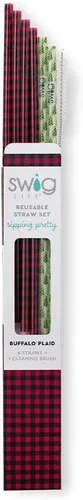 Miniatura 2 de Swig Life Popotes Reutilizables Estampados Buffalo Plaid + Árboles Juego de popotes reutilizables + cepillo de limpieza, cada popote mide 10.25